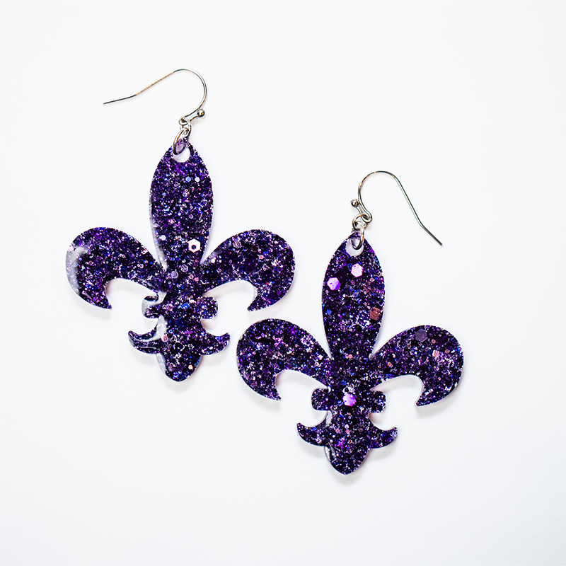 Elegant Purple Fleur-de-lis Earrings with Sparkling Glitter Detail